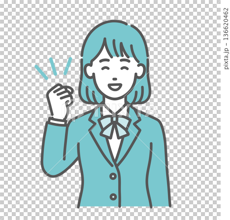 ガッツポーズをする・応援するティーン女性・女子学生のイラスト（笑顔・制服・上半身） 136620462