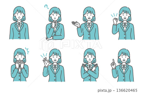 ティーン女性・女子学生の表情・ポーズ8点セット（制服・上半身イラスト） 136620465