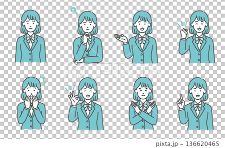 ティーン女性・女子学生の表情・ポーズ8点セット（制服・上半身イラスト） 136620465