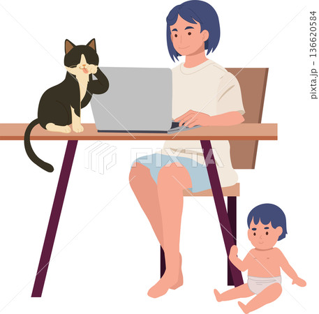 Remote Work Mom Using Laptop While Caring for Baby and Pet Cat Indoors 136620584