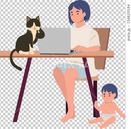 Remote Work Mom Using Laptop While Caring for Baby and Pet Cat Indoors 136620584