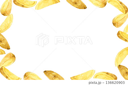 ナチュラルカットのフライドポテトのフレーム　料理・食べ物の手描き水彩イラスト背景素材 136620903