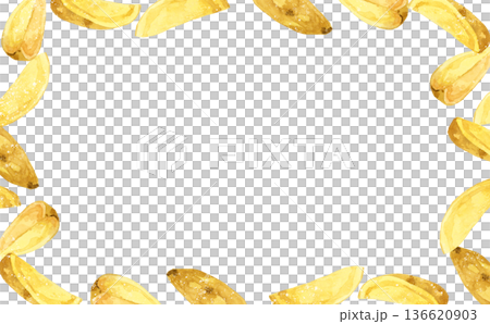 ナチュラルカットのフライドポテトのフレーム　料理・食べ物の手描き水彩イラスト背景素材 136620903