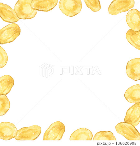 ポテトチップスのフレーム　料理・食べ物の手描き水彩イラスト背景素材 136620908