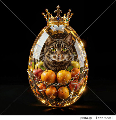 Majestic cat in golden egg with crown and apples. A regal orange tabby cat sits inside a lavish golden and transparent egg adorned with a crown on top. 136620961