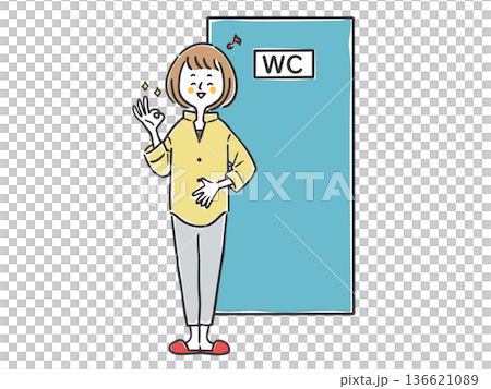 A woman feeling refreshed in the toilet, whole body, vector 136621089