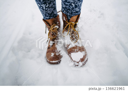 Walking through fresh snow in winter boots. Walking through fresh snow in winter boots. 136621961