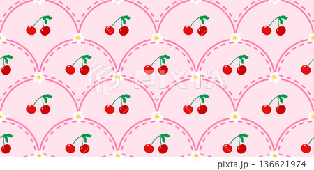 Cute cherry seamless background with floral details. Ideal for kawaii wallpapers, spring fabrics, and charming dessert packaging Cute cherry seamless background with floral details. Ideal for kawaii wallpapers, spring fabrics, and charming dessert packaging 136621974
