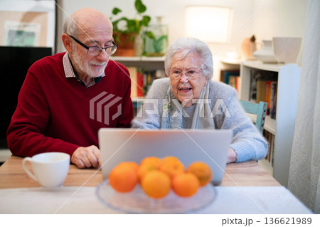 Loving elderly couple makingn online reservation, using laptop. Loving elderly couple makingn online reservation, using laptop. 136621989