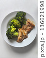 A plate contains grilled chicken pieces and steamed broccoli. The meal is placed on a plain white dish. It appears to be a healthy and nutritious option for lunch or dinner 136621998