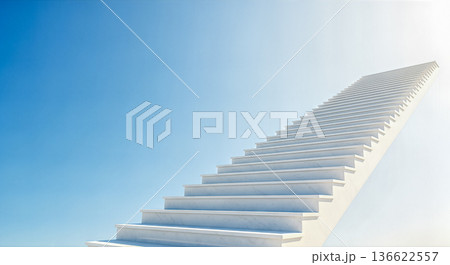 White marble stairs leading up to clear blue sky with sun light concept career ladder success promotion progress future achievement goal 136622557