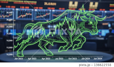 neon green glowing bull silhouette running forward on financial chart background stock market graph rising trend lines investment growth success concept economic bullish run 136622558