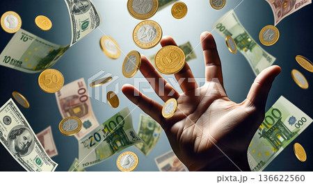 hand reaching to catch falling money rain dollars euros gold coins flying in air wealth lottery winner financial success profit concept 136622560