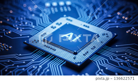 Close up of computer processor chip with AI letters on blue motherboard circuit technology artificial intelligence innovation hardware science Close up of computer processor chip with AI letters on blue motherboard circuit technology artificial intelligence innovation hardware science 136622571