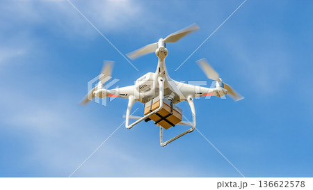 white drone flying in blue sky delivering cardboard package box fast shipping service logistics transport technology concept innovation air mail unmanned vehicle future 136622578