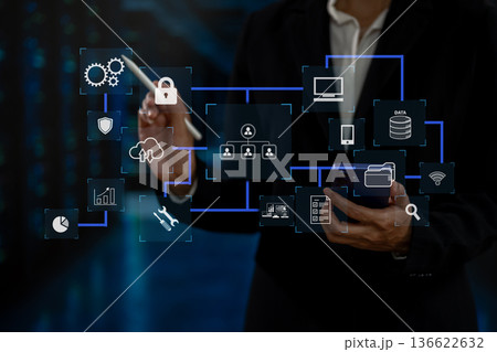 Hand touching secure access service edge icon on smartphone virtual screen background, password, network, framework and support technology in office. secure access service edge concept. 136622632