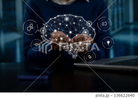 AI Artificial Intelligence technology for education. Modern digital learning, courses for developing new skills and e-learning. Man learning lessons and online seminars on smartphone and laptop. AI Artificial Intelligence technology for education. Modern digital learning, courses for developing new skills and e-learning. Man learning lessons and online seminars on smartphone and laptop. 136622640