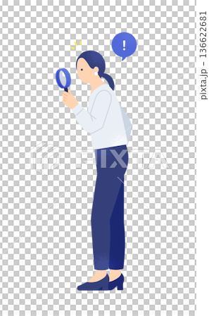 虫眼鏡を覗く女性が課題の原因や解決策を発見。気付きを得るビジネスパーソンのベクターイラスト素材。 136622681