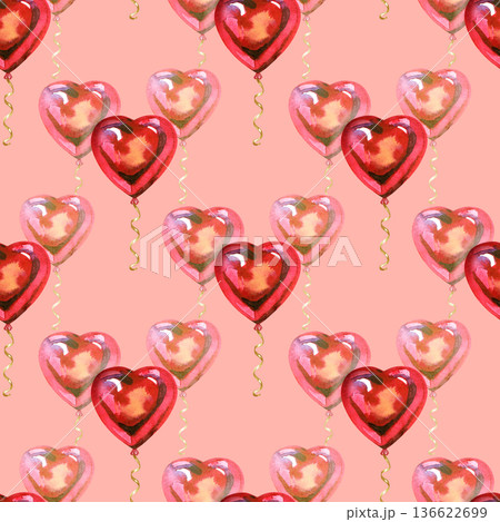 Hand-painted watercolor seamless pattern of red and pink heart balloons with golden ribbons. This romantic festive design is ideal for Valentine's Day greeting cards, wedding wrapping paper, and Hand-painted watercolor seamless pattern of red and pink heart balloons with golden ribbons. This romantic festive design is ideal for Valentine's Day greeting cards, wedding wrapping paper, and 136622699