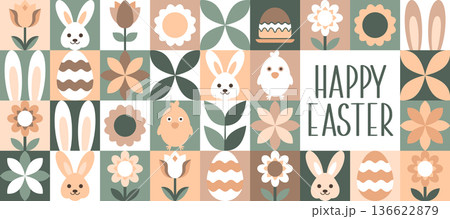 Happy Easter mosaic banner with bunnies, chicks and flowers. Colorful geometric background. 136622879