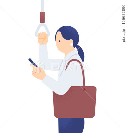 電車通勤のスキマ時間で情報収集するビジネスパーソン。つり革を持ちスマホを見る女性のイラスト素材。 電車通勤のスキマ時間で情報収集するビジネスパーソン。つり革を持ちスマホを見る女性のイラスト素材。 136622896