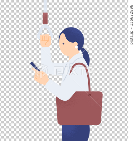 電車通勤のスキマ時間で情報収集するビジネスパーソン。つり革を持ちスマホを見る女性のイラスト素材。 電車通勤のスキマ時間で情報収集するビジネスパーソン。つり革を持ちスマホを見る女性のイラスト素材。 136622896