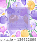 Colorful background with beautiful crocuses. The concept of spring, wedding, March 8th, mother's day, birthday. Vector illustration for the design of posters, flyers, postcards, invitations 136622899