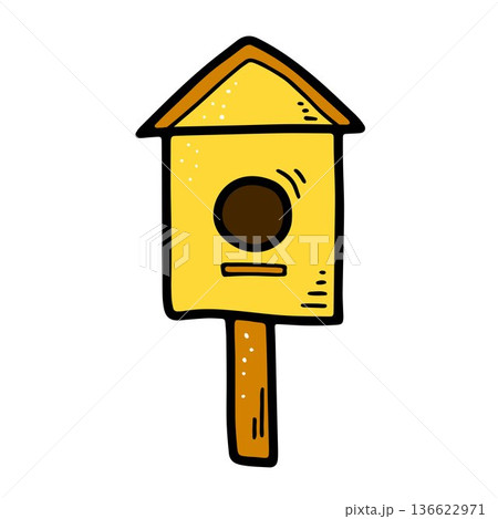 Doodle birdhouse on wooden pole. Nesting box Doodle birdhouse on wooden pole. Nesting box 136622971
