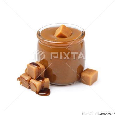 Caramel candy with caramel topping on white backgrounds Caramel candy with caramel topping on white backgrounds 136622977