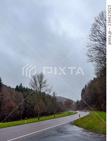 Overcast moist roadway with guardrail and unsafe driving conditions Overcast moist roadway with guardrail and unsafe driving conditions 136623025