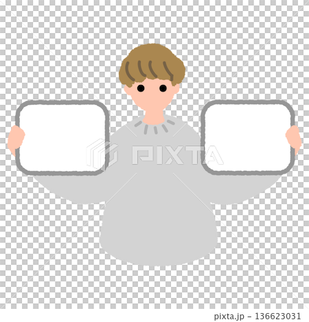 Flat illustration of a person holding a blank board in each hand to compare and explain 136623031