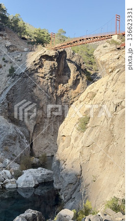 A red metal bridge over a mountain river. High quality photo A red metal bridge over a mountain river. High quality photo 136623331