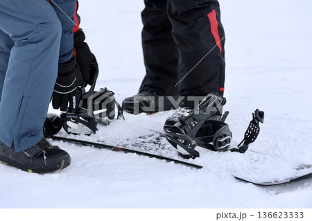 Snowboard binding boots. High quality photo Snowboard binding boots. High quality photo 136623333