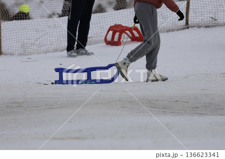 Colorful sleds stacked. High quality photo Colorful sleds stacked. High quality photo 136623341