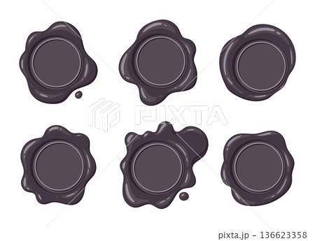 Cartoon wax seal stamp silhouettes. Monochrome wax stamps, postage seals flat vector illustration set. Vintage postal wax seal collection on white 136623358