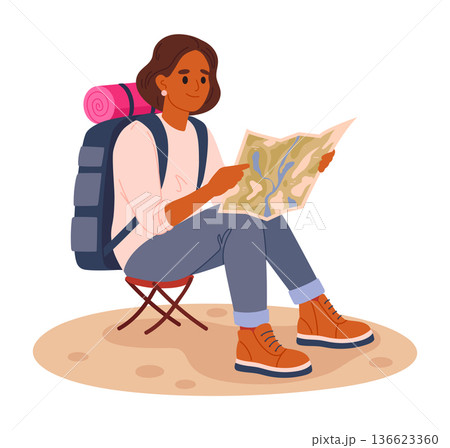 Female tourists with map. Active character resting after hiking, trekking and backpacking, outdoor adventure flat vector illustration. Camping outdoor scene Female tourists with map. Active character resting after hiking, trekking and backpacking, outdoor adventure flat vector illustration. Camping outdoor scene 136623360