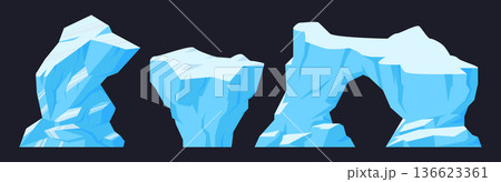 Huge snowy mountains. Cartoon snowy icebergs, frozen glaciers and cracked ice rocks flat vector illustration set. Ice antarctic icebergs on dark background 136623361