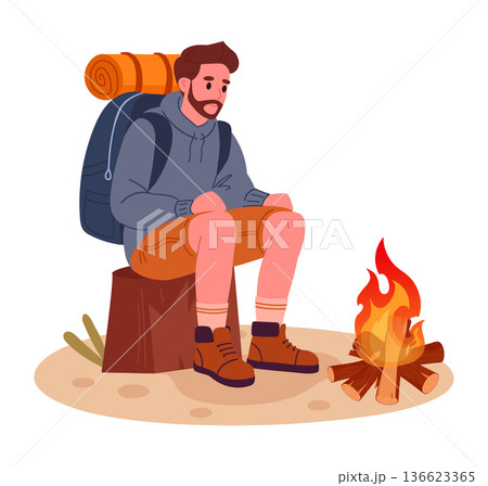 Male tourists with campfire. Active character resting after hiking, trekking and backpacking, outdoor adventure flat vector illustration. Camping outdoor scene on white 136623365