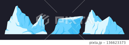 Snowy icebergs. Cartoon frozen glaciers, huge snowy mountains and cracked ice rocks flat vector illustration set. Ice antarctic icebergs on dark background 136623373