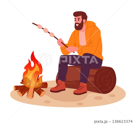Tourists with campfire. Active character resting after hiking, trekking and backpacking, outdoor adventure flat vector illustration. Camping outdoor scene on white Tourists with campfire. Active character resting after hiking, trekking and backpacking, outdoor adventure flat vector illustration. Camping outdoor scene on white 136623374