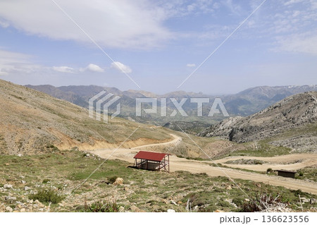 Mountainous winding road. mountain landscape view from above Mountainous winding road. mountain landscape view from above 136623556