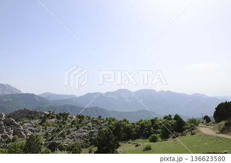 Mountainous winding road. mountain landscape view from above 136623580