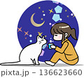 夜に猫と一緒に過ごす女性 136623660