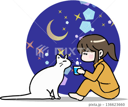 夜に猫と一緒に過ごす女性 夜に猫と一緒に過ごす女性 136623660