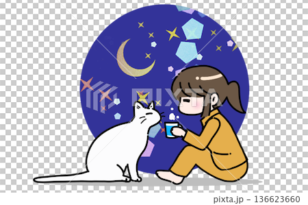 夜に猫と一緒に過ごす女性 夜に猫と一緒に過ごす女性 136623660