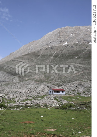 Mountainous landscape pond. Mountainous winding road. mountain landscape view from above Mountainous landscape pond. Mountainous winding road. mountain landscape view from above 136623712