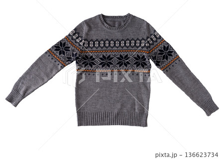 Christmas sweater for Ugly sweaters party isolated on white background. Gray color snowflakes pattern. Fair Isle Knit Christmas sweater for Ugly sweaters party isolated on white background. Gray color snowflakes pattern. Fair Isle Knit 136623734
