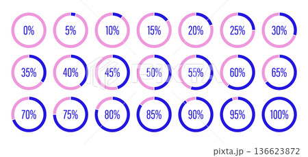 Blue and pink color fill pie chart indicators. Set of round graph loading progress. Blue-pink progress bars. Circle diagrams icons for infographics from 100 to 0 percent. Round percentage infographic. Blue and pink color fill pie chart indicators. Set of round graph loading progress. Blue-pink progress bars. Circle diagrams icons for infographics from 100 to 0 percent. Round percentage infographic. 136623872