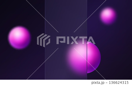 Futuristic dark glassmorphism composition with glowing purple gradient spheres and translucent vertical panels. Modern abstract tech background. Futuristic dark glassmorphism composition with glowing purple gradient spheres and translucent vertical panels. Modern abstract tech background. 136624315