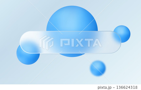 Blue glass morphism banner with abstract spheres on light background 136624318